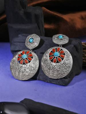 Oxidised stone-studded temple design earrings 1