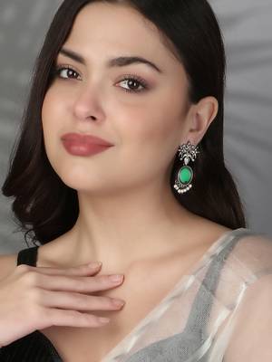 Oxidised green stone-studded pearl-tessels earrings 2