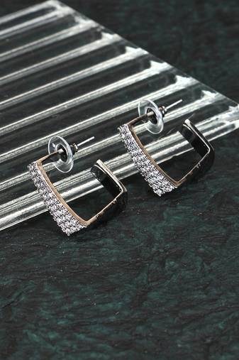 Women silver-plated stone studded handcrafted square half hoop earrings