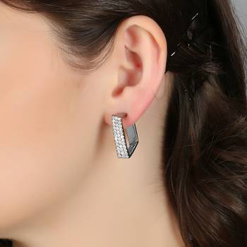 Women silver-plated stone studded handcrafted square half hoop earrings 2