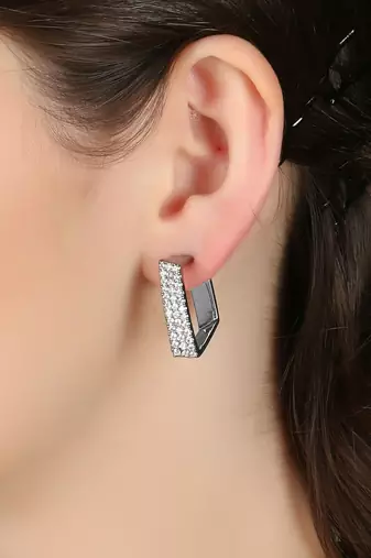 Women silver-plated stone studded handcrafted square half hoop earrings