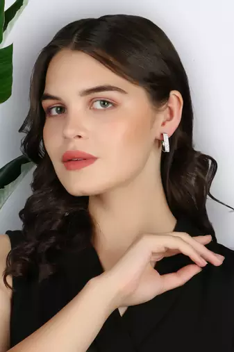 Women silver-plated stone studded handcrafted square half hoop earrings