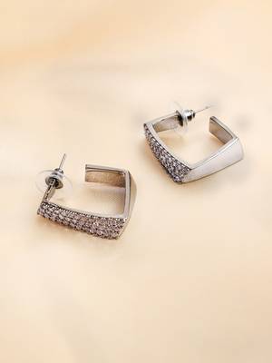 Women silver-plated stone studded handcrafted square half hoop earrings 4