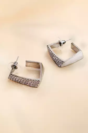 Women silver-plated stone studded handcrafted square half hoop earrings