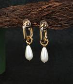 Women gold plated pearl tessel square hoop bali earrings