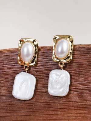 Women gold plated baroque pearl handcrafted drop earrings 3