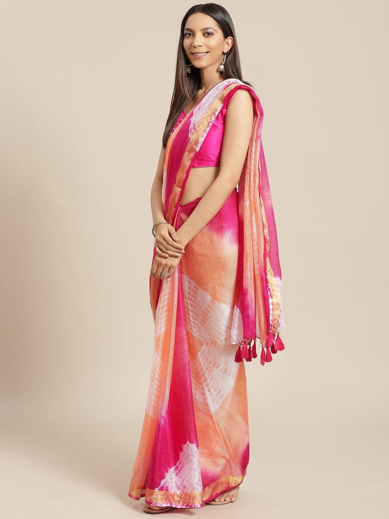 Geroo Jaipur Hand Dyed Pink & Orange Bandhani Kota Silk Sustainable Sareee