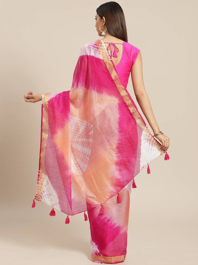Geroo Jaipur Hand Dyed Pink & Orange Bandhani Kota Silk Sustainable Sareee