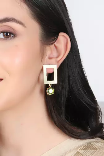 Gold-plated green stone-studded handcrafted earrings