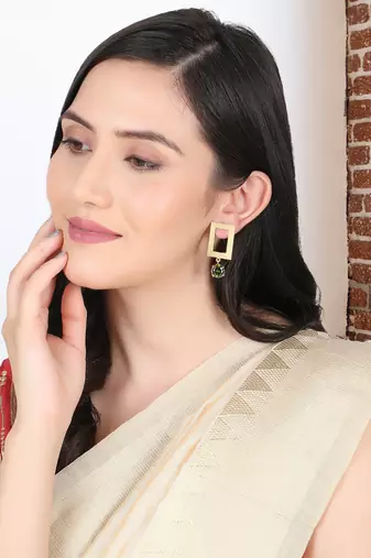 Gold-plated green stone-studded handcrafted earrings