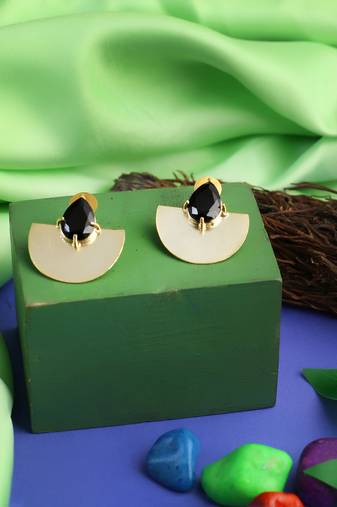 Gold-plated black stone-studded handcrafted earrings