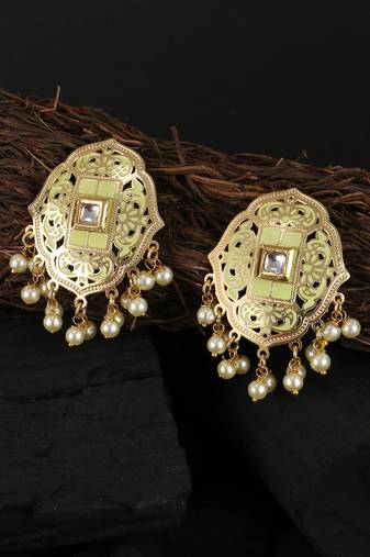 Gold-plated stone-studded pearl-beaded earrings