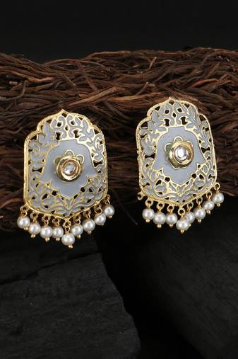 Gold-plated stone-studded pearl-beaded earrings