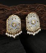 Gold-plated stone-studded pearl-beaded earrings