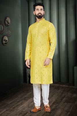 Yellow Embroidered Kurta Pajama For Men 1
