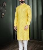 Yellow Embroidered Kurta Pajama For Men