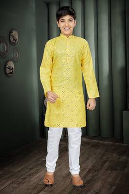 Yellow Embroidered Kurta Pajama For Men 2