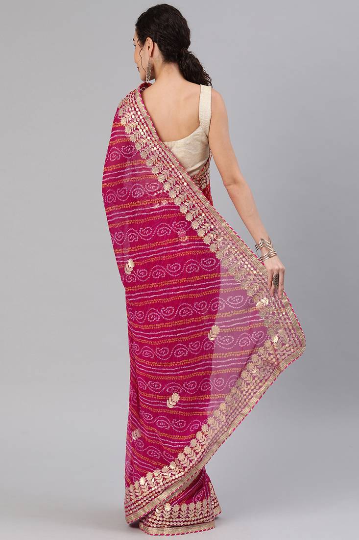 Geroo Jaipur Hand Dyed Magenta Bandhani Georgette Saree