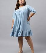Xl love by janasya women's light blue denim yoke embroidered flared dress