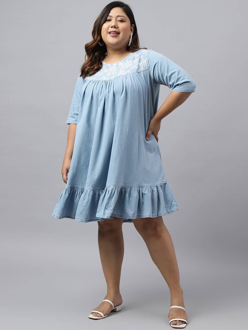 Xl love by janasya women's light blue denim yoke embroidered flared dress