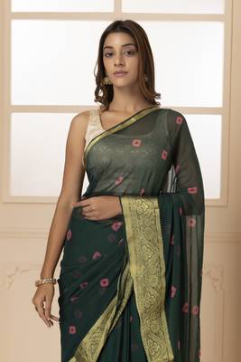 Geroo Jaipur Green & Pink Zari Saree 2