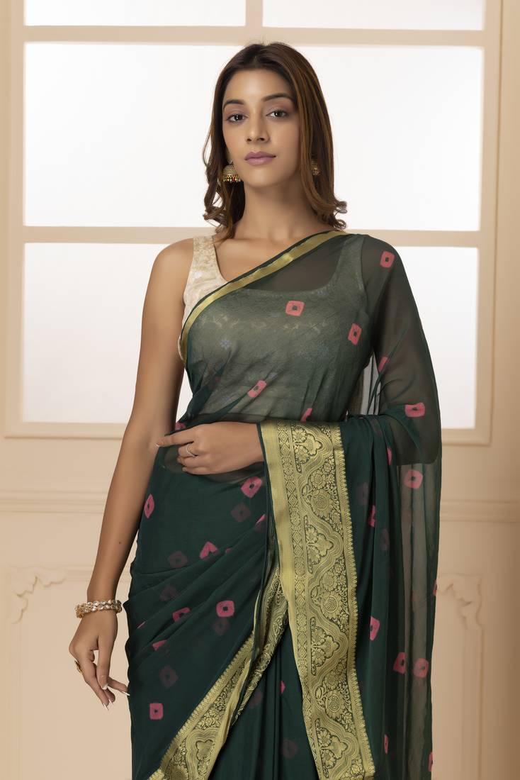 Geroo Jaipur Green & Pink Zari Saree