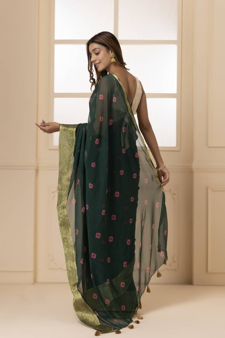 Geroo Jaipur Green & Pink Zari Saree