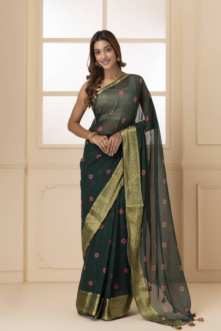 Geroo Jaipur Green & Pink Zari Saree