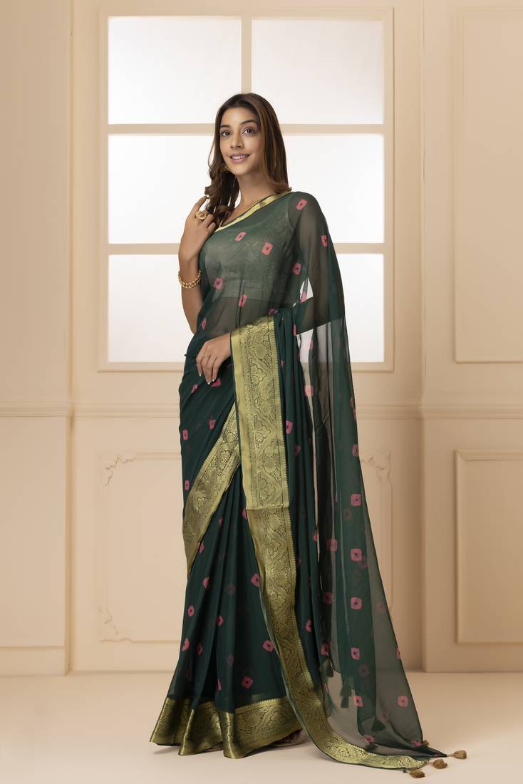 Geroo Jaipur Green & Pink Zari Saree