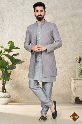 Grey Embroidered Sherwani Pajama and jacket For Men