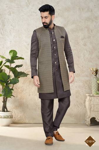 Brown Embroidered Indowestern For Men
