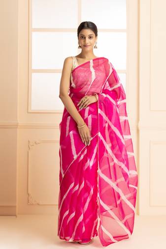 Geroo Jaipur Women Magenta & White Gotta Patti Organza Leheriya Saree