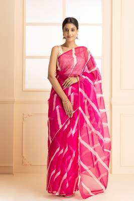   Women Magenta & White Gotta Patti Organza Leheriya Saree 1