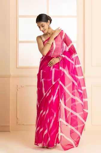   Women Magenta & White Gotta Patti Organza Leheriya Saree