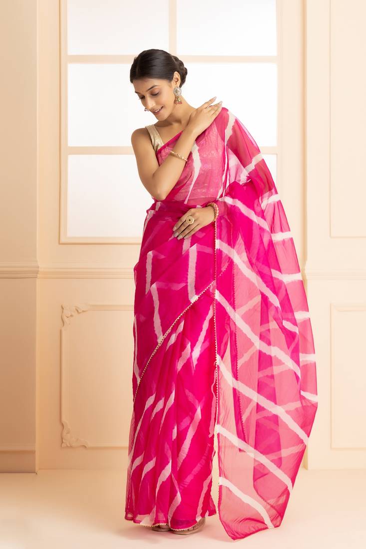 Geroo Jaipur Women Magenta & White Gotta Patti Organza Leheriya Saree