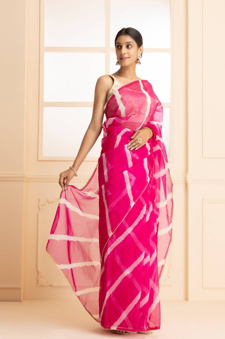 Geroo Jaipur Women Magenta & White Gotta Patti Organza Leheriya Saree