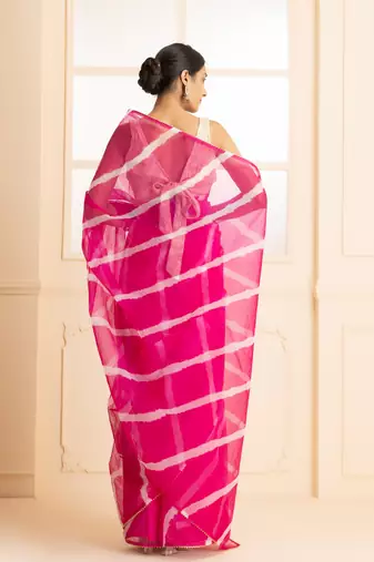   Women Magenta & White Gotta Patti Organza Leheriya Saree