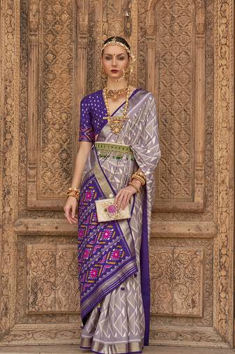Light Grey Color Patola Silk Blend Weaving Work Saree With Blouse