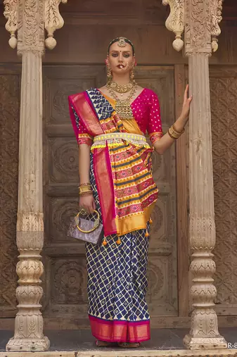 Navy Blue Color Patola Silk Blend Weaving Work Saree With Blouse