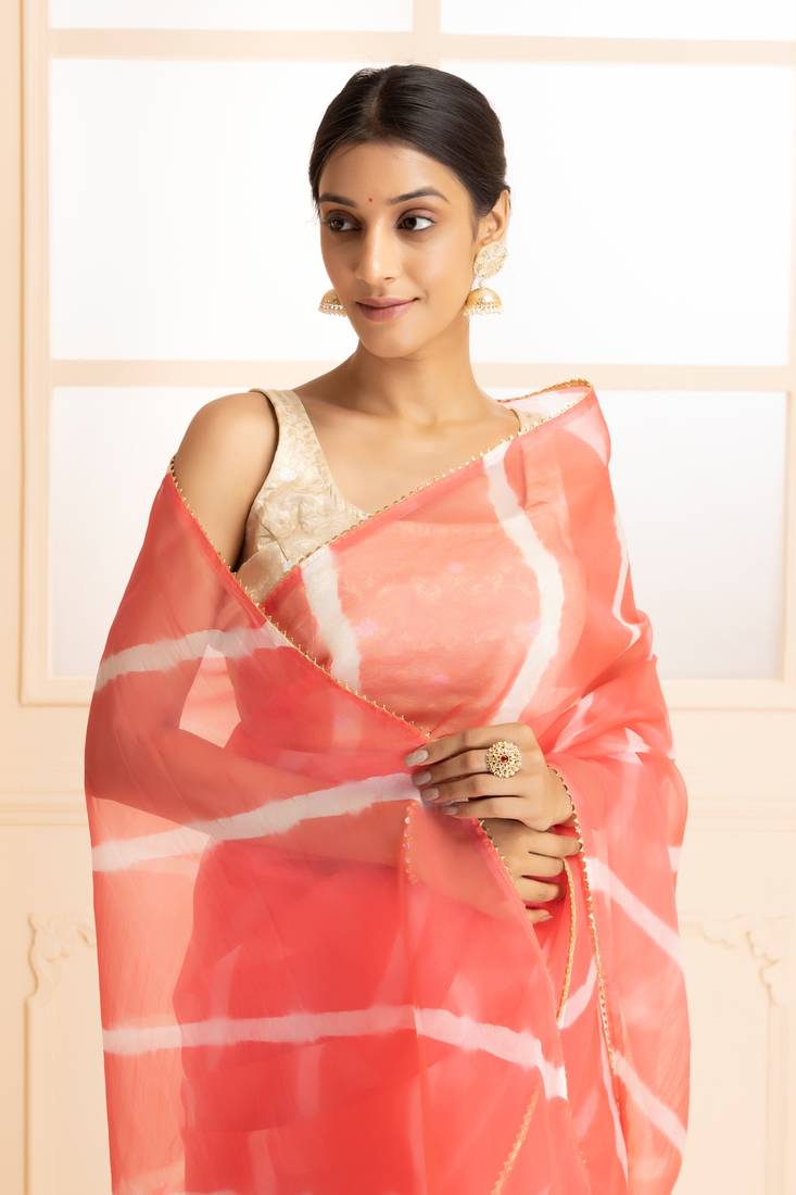 Geroo Jaipur Handcrafted Leheriya Organza Saree