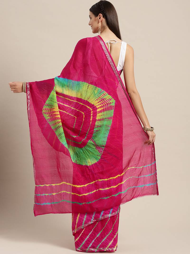 Geroo Jaipur Hand Dyed Pink Leheriya Kota Silk Sustainable Saree