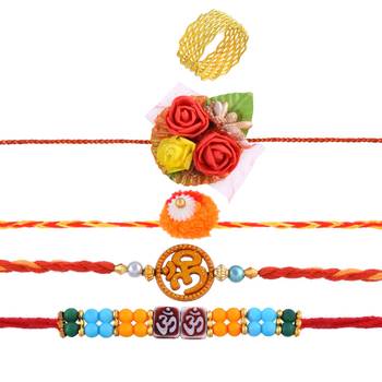 Set of 4 Rakhi combo with Giftable Goldplated Challa finger ring for Bhai Bhabhi for Rakshabandhan 3