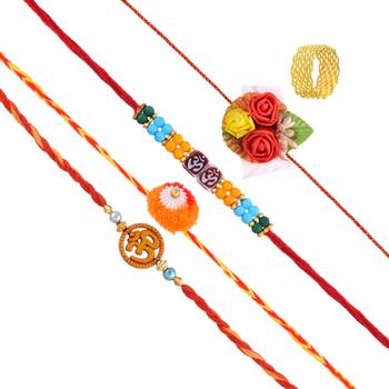 Set of 4 Rakhi combo with Giftable Goldplated Challa finger ring for Bhai Bhabhi for Rakshabandhan 4