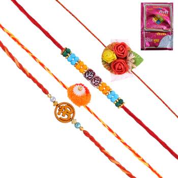 Set of 4 Rakhi combo with Giftable Goldplated Challa finger ring for Bhai Bhabhi for Rakshabandhan 1