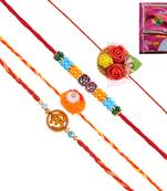 Set of 4 Rakhi combo with Giftable Goldplated Challa finger ring for Bhai Bhabhi for Rakshabandhan