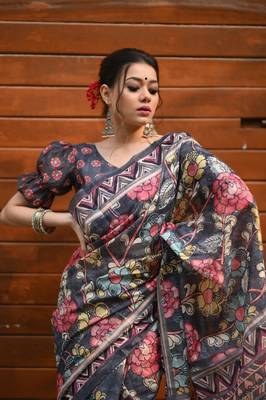 GREY BREAUTIFUL  LINEN COTTAN SAREE 1