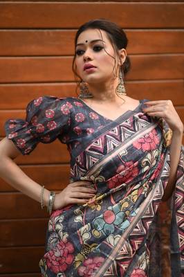 GREY BREAUTIFUL  LINEN COTTAN SAREE 2