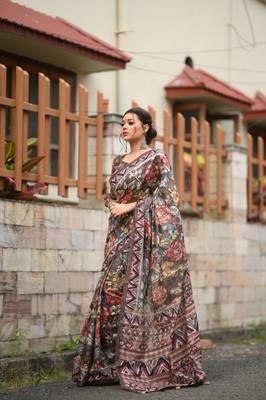  BROWN BREAUTIFUL  LINEN COTTAN SAREE 1