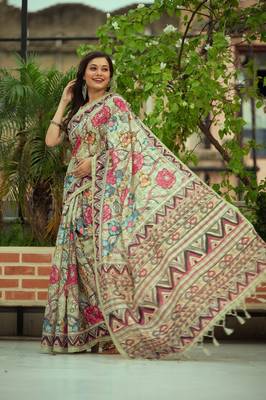 LIGHT GREEN BREAUTIFUL  LINEN COTTAN SAREE 3