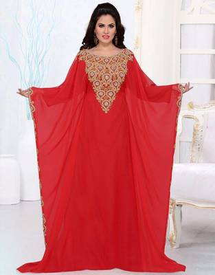 Red Zari & Stone Work Stitched Georgette Abaya 1